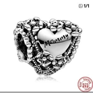 NEW Pandora Silver "Mommy" Heart Charm with Floral Design